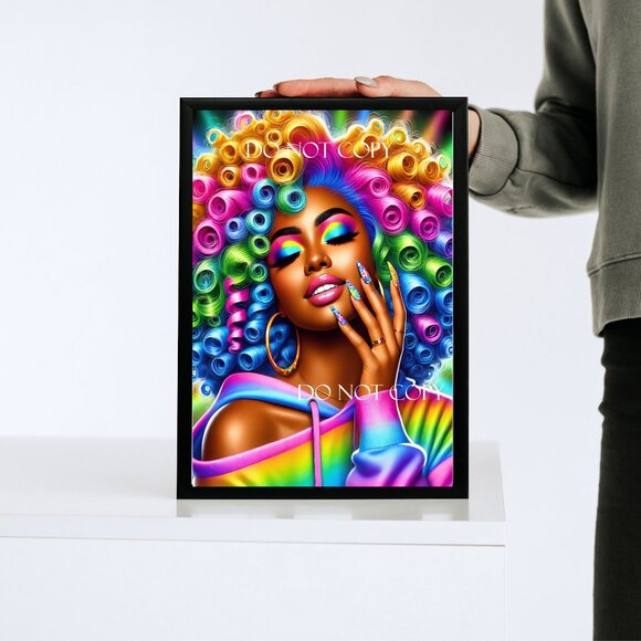 Colorful Afro Woman Pop Art – Vibrant Rainbow Curly Hair 8.5x11 Black Frame - Picture 6 of 7